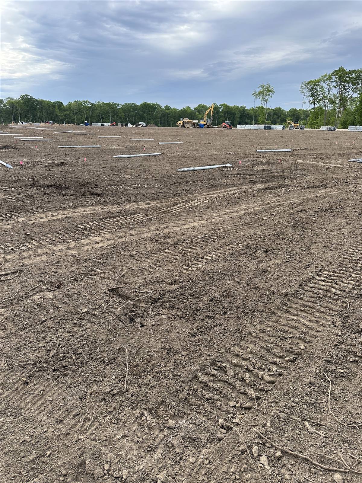 Cleared and graded ground with brush piled at the edge