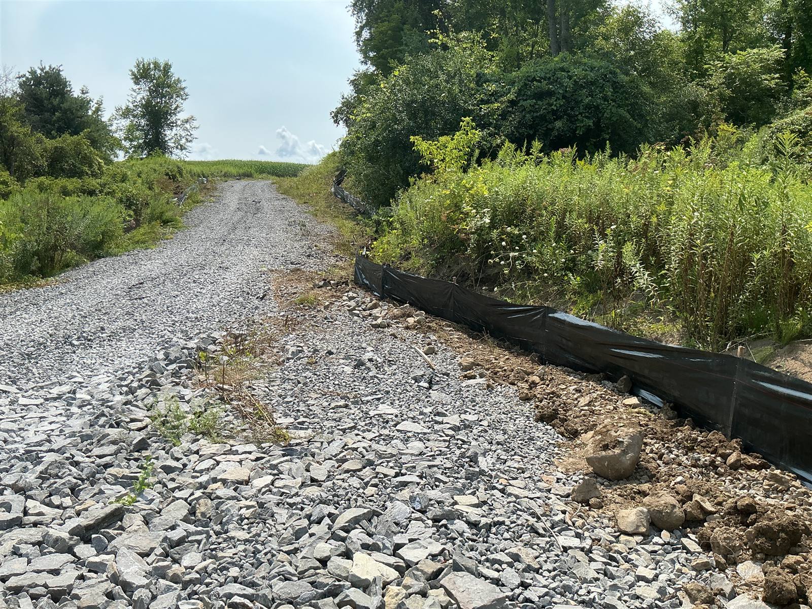 Gravel road with silt fence installed along one side