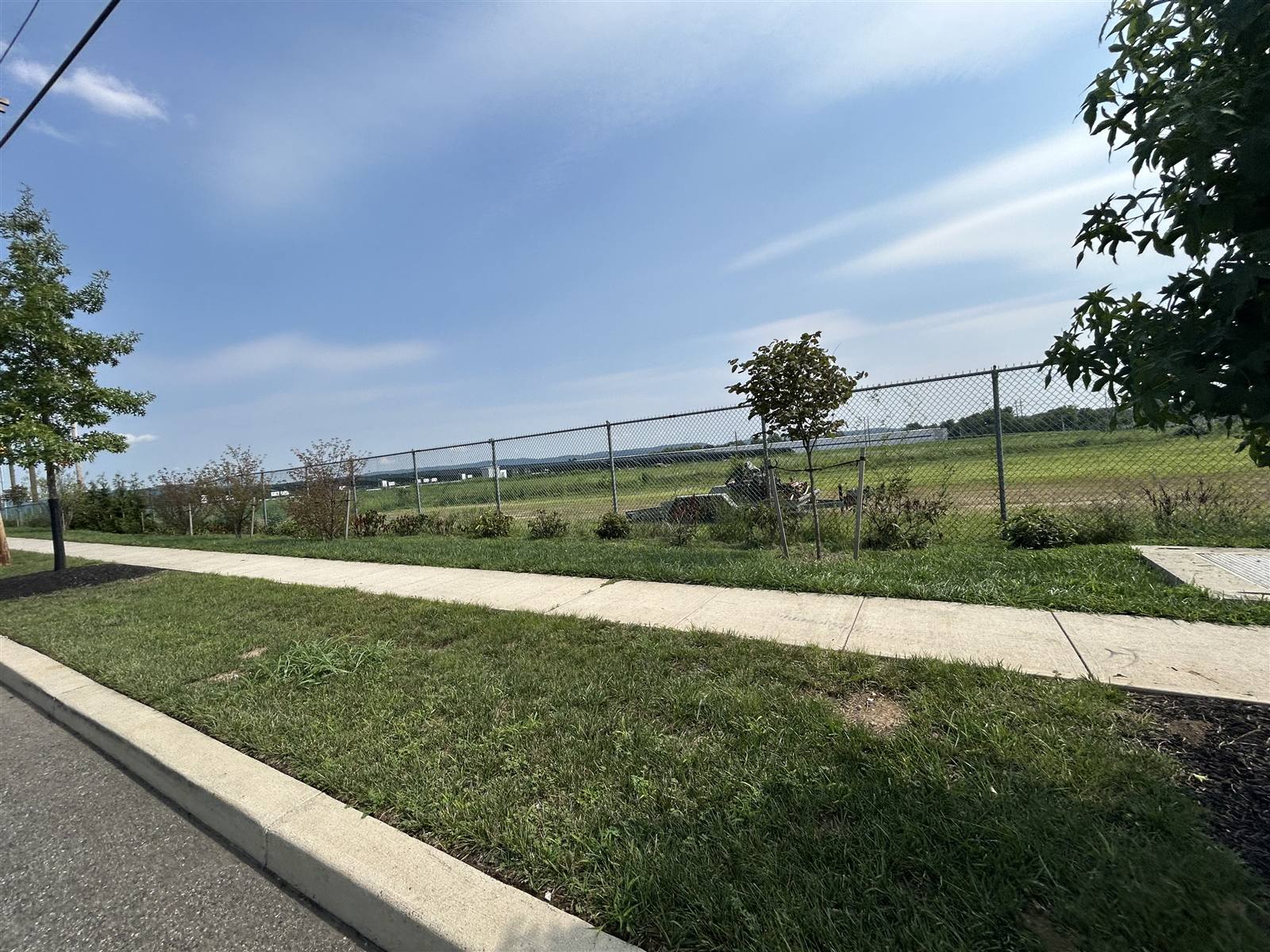 Mowed strip beside a sidewalk and fence line